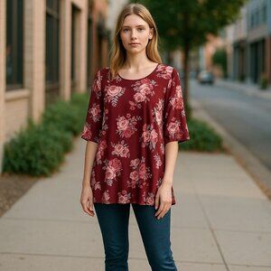 NEW No Boundaries Womens 3XL top burgundy floral print lace trim stretch